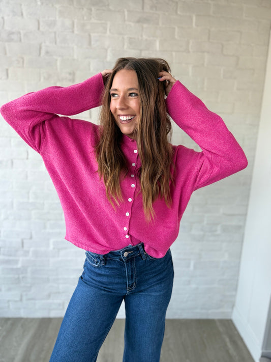 Hot Pink Button Cardigan Sweater