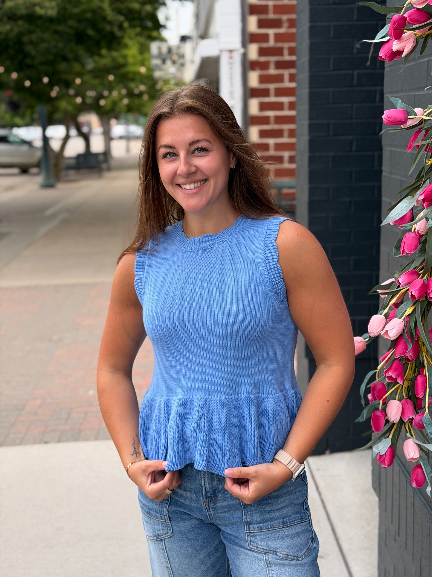 Blue Peplum Button Top
