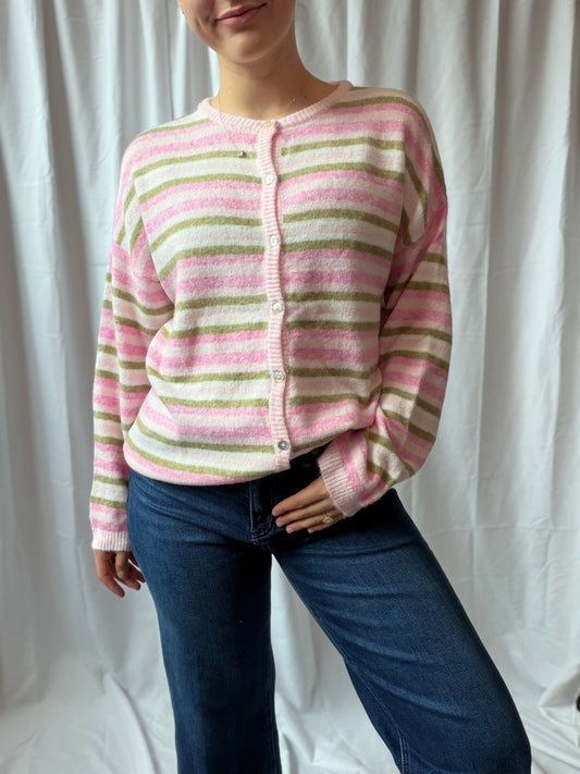 Pink + Green Stripe Button Sweater