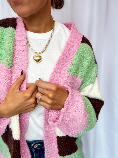 Fuzzy Pink Multi Open Cardigan