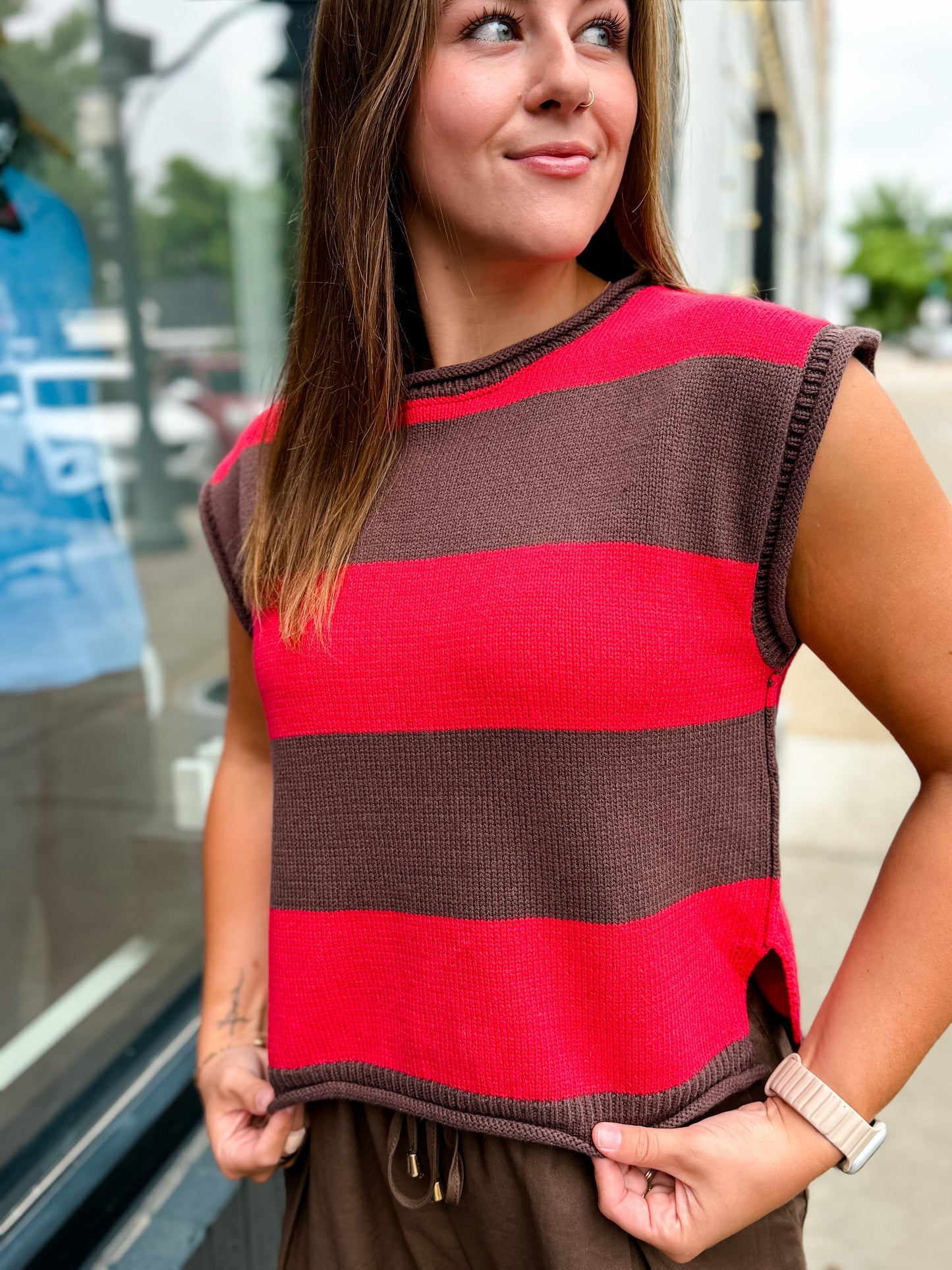 Brown + Red Blocked Stripe SS Sweater