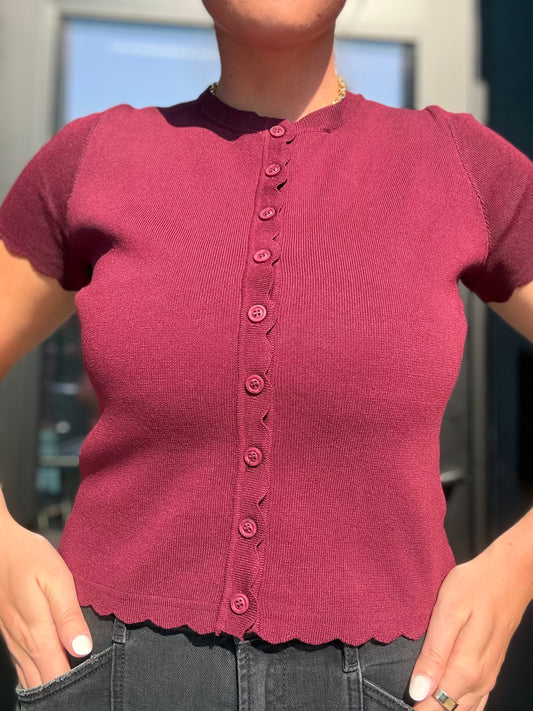 Burgundy Scalloped SS Button Cardigan