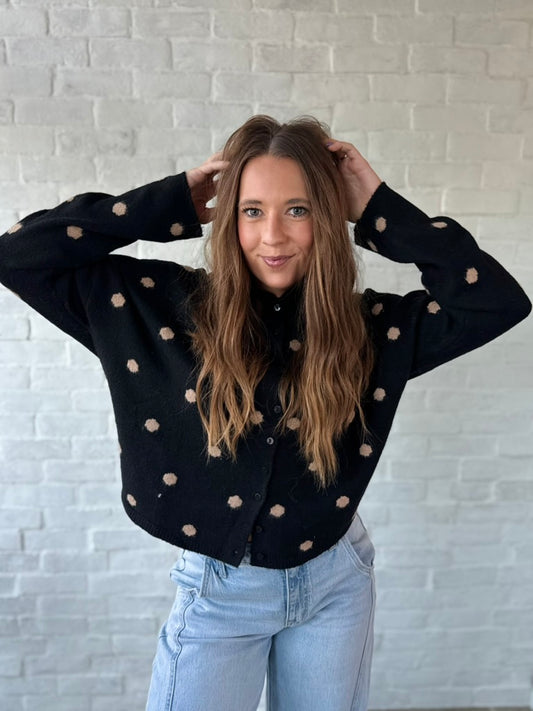Black + Brown Polka Dot Button Sweater