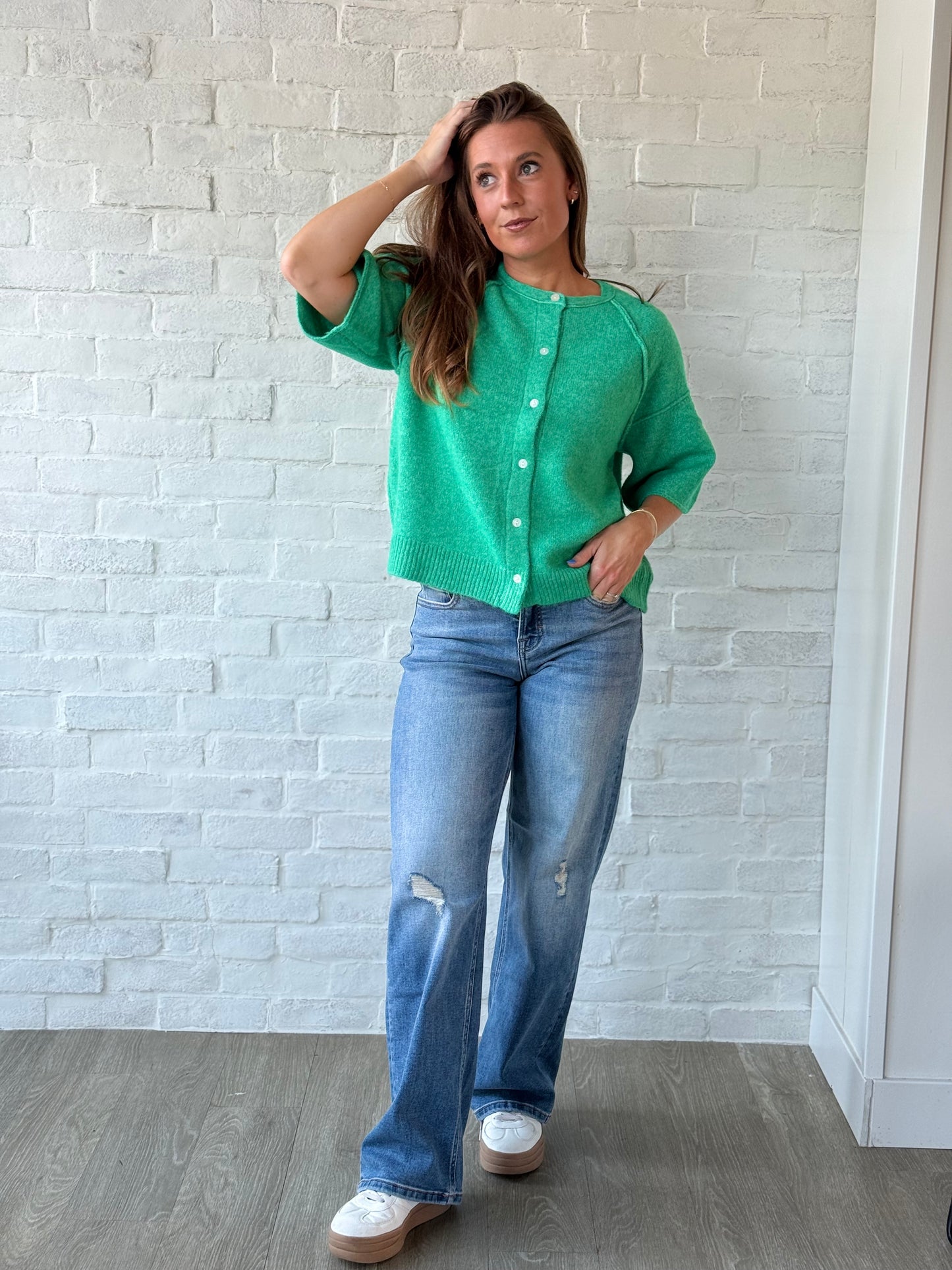 Green Half Sleeve Button Sweater