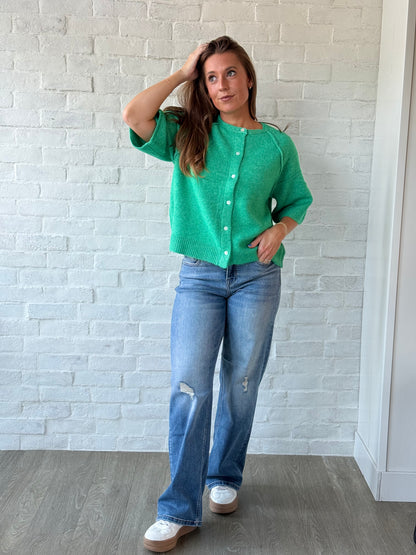 Green Half Sleeve Button Sweater