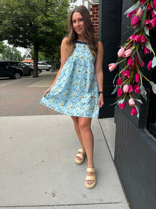 Blue Floral Ruffle Mini Dress