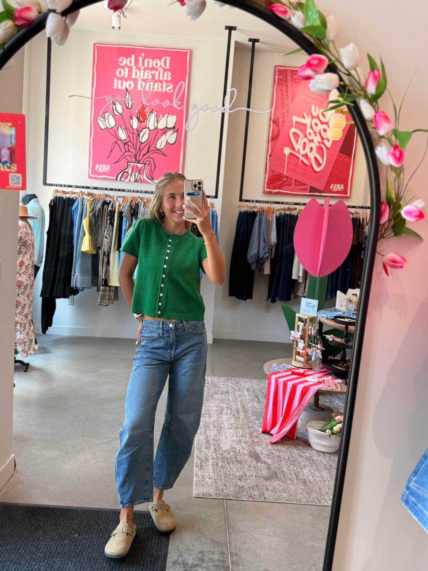 Emerald Green SS Button Sweater