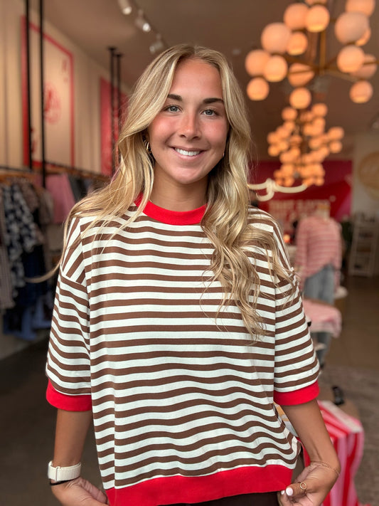 Brown Stripe + Red Trim Elbow Sleeve Top