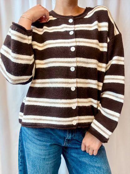 Dark Brown + Mocha Stripe Button Sweater