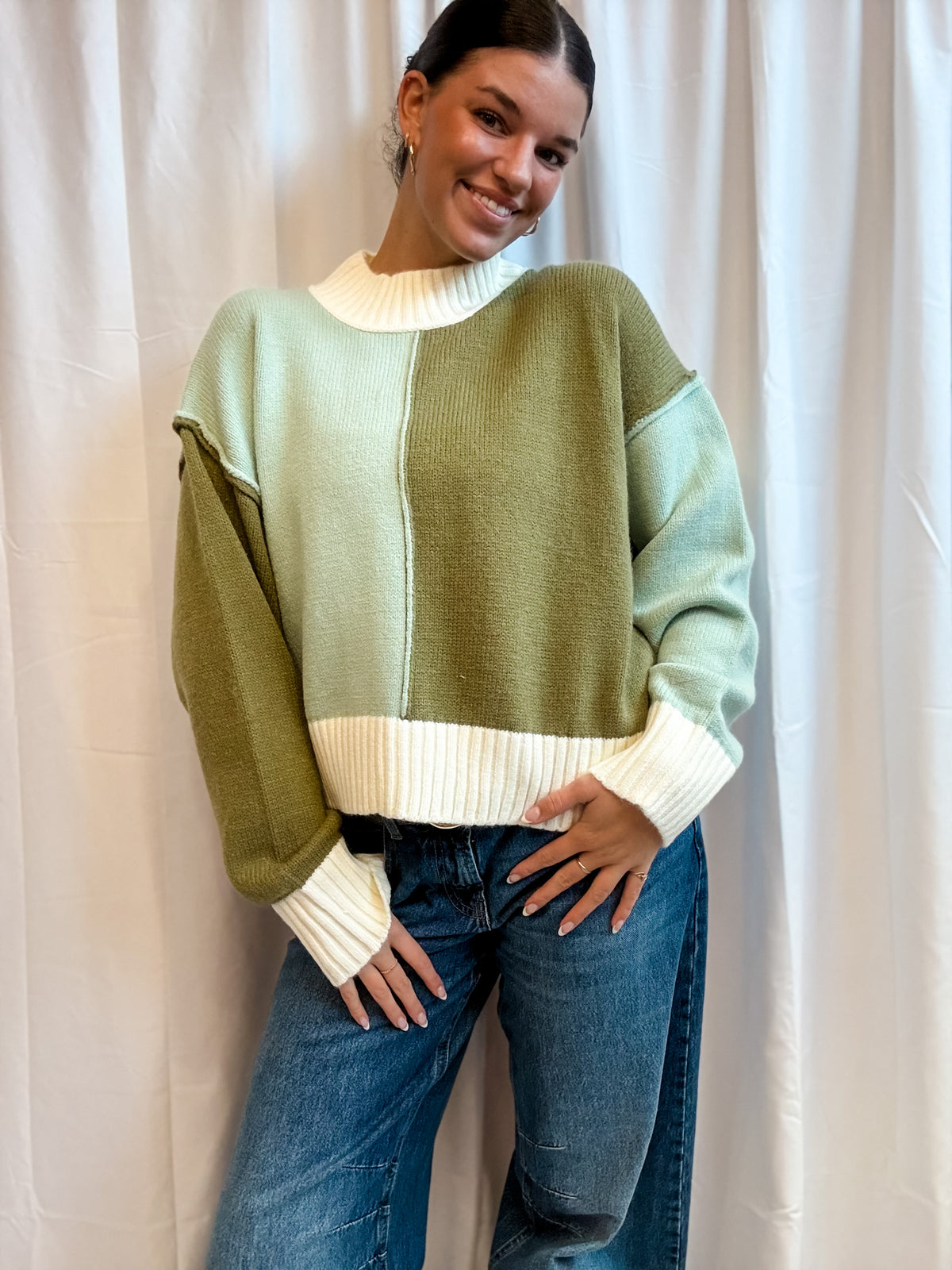 Olive Colorblock Mock Neck Sweater