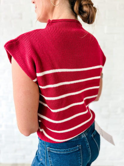Burgundy Stipe Mock Neck SS Sweater