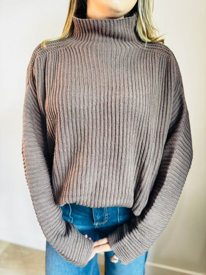 Dark Brown Oversized Mock Neck Sweater