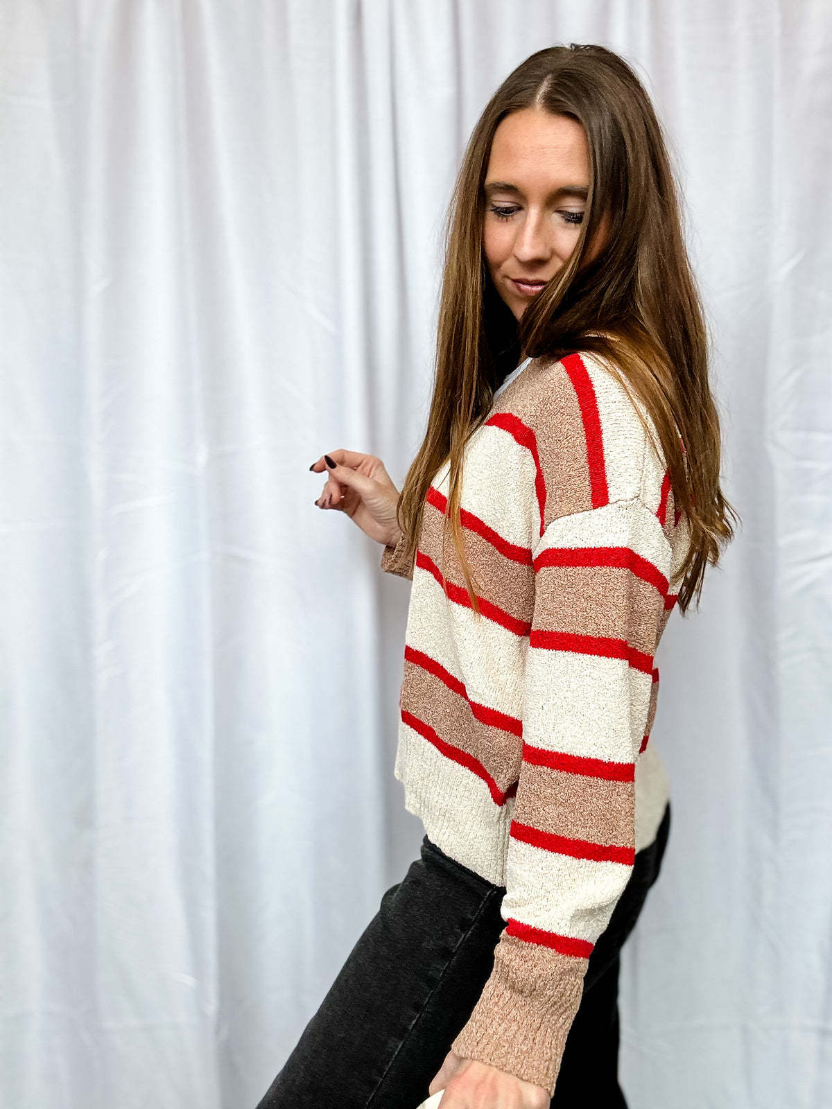 Taupe + Red Combo Stripe V Neck Sweater