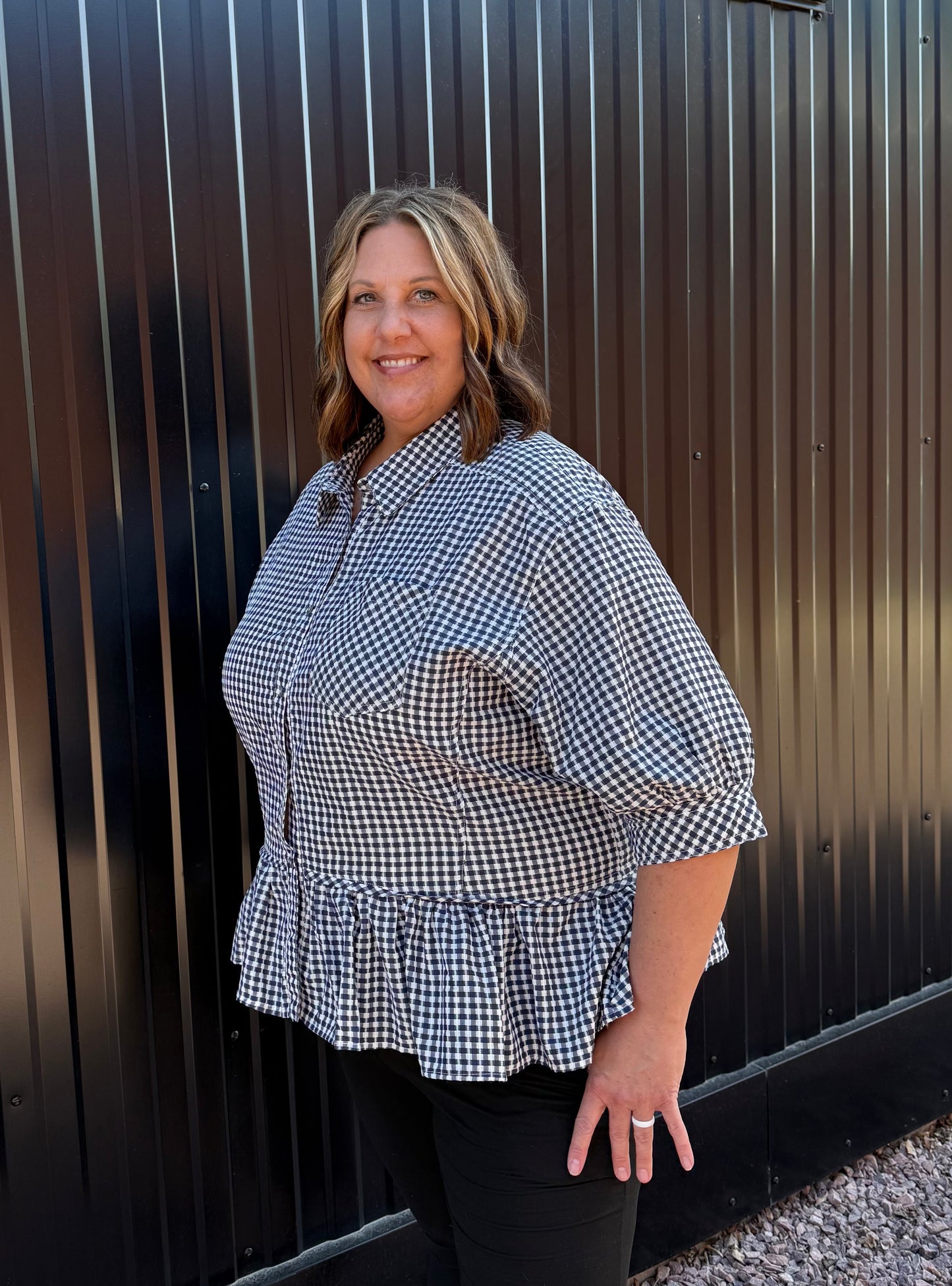 Navy Gingham Peplum Blouse