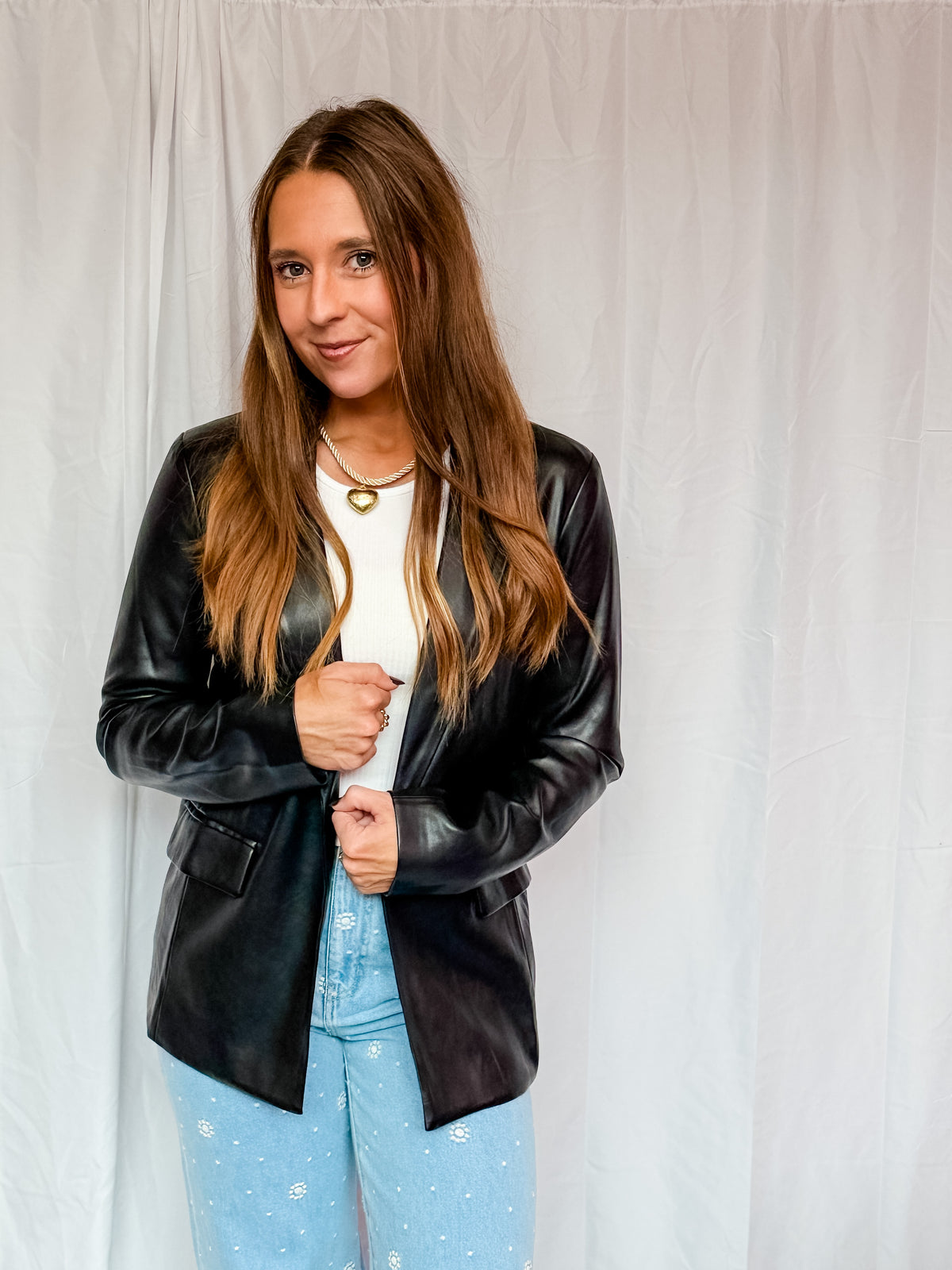 Black. Faux Leather Blazer