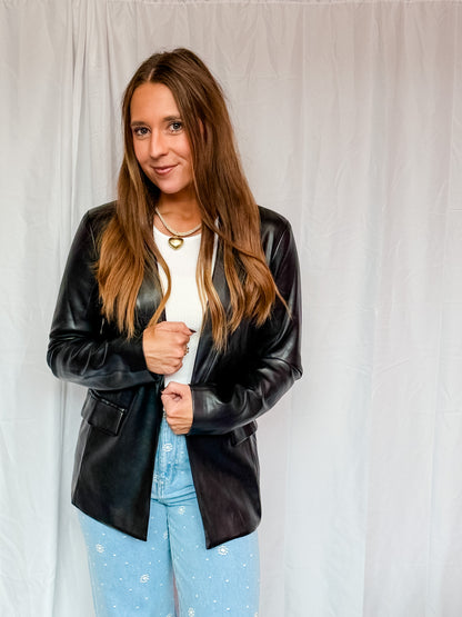 Black. Faux Leather Blazer