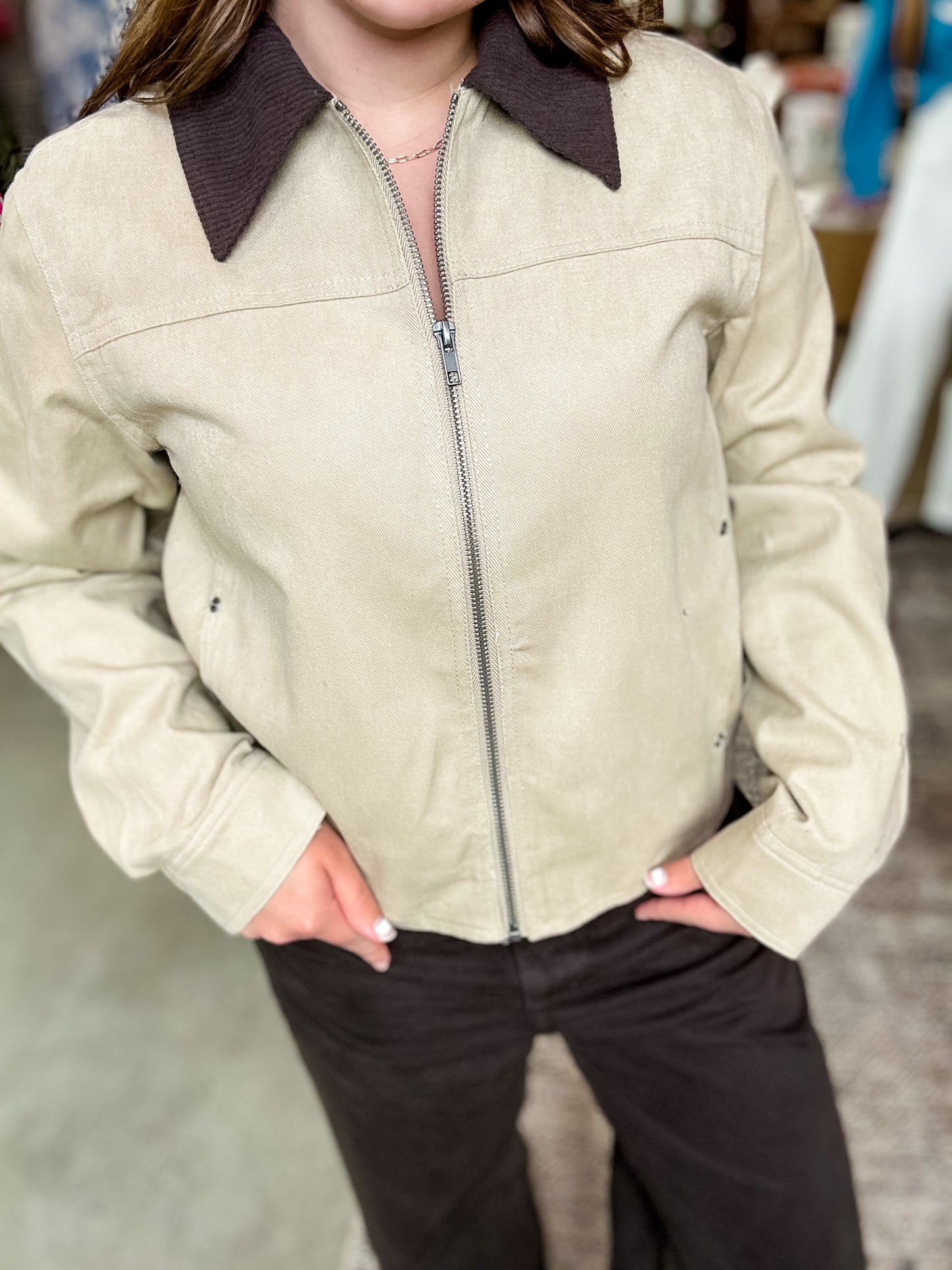Khaki Corduroy Zip Up Jacket