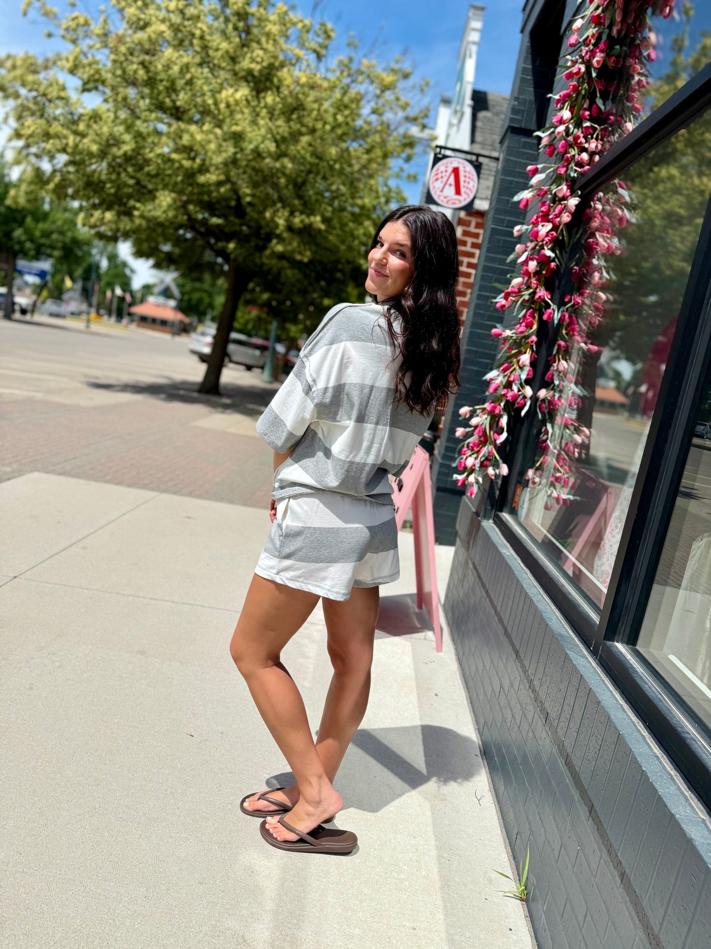 Gray + White Stripe Cotton Shorts