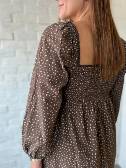 Khaki Ditsy Smocked Midi Dress