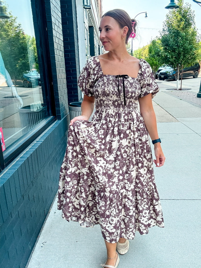 Brown Floral Bubble Midi Dress