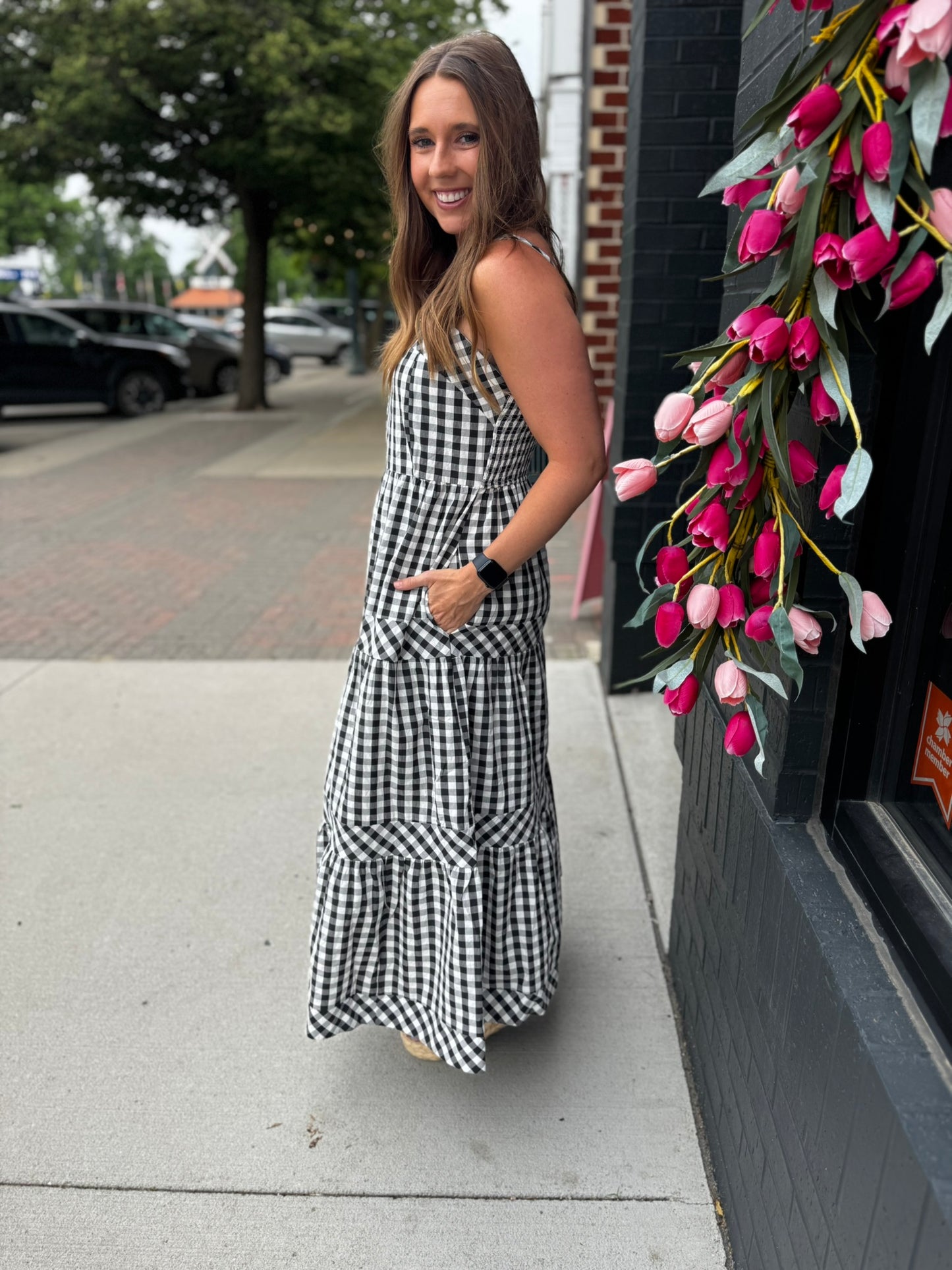 Black + White Gingham Midi Dress