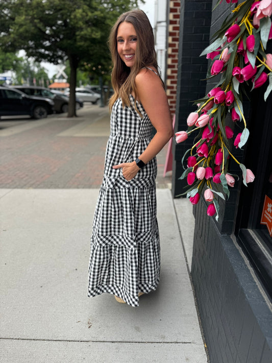 Black + White Gingham Midi Dress