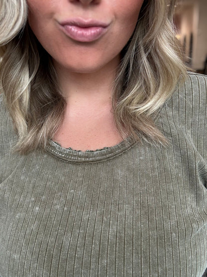 Olive Washed Lace Ribbed Top