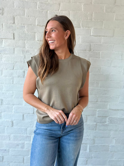 Olive Double Banded Sleeve Scuba Top