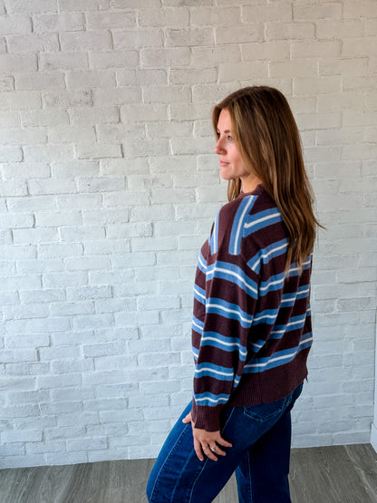 Brown + Blue + White Stripe Crew Sweater
