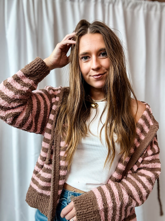 Pink + Brown Striped Hooded Zip Jacket