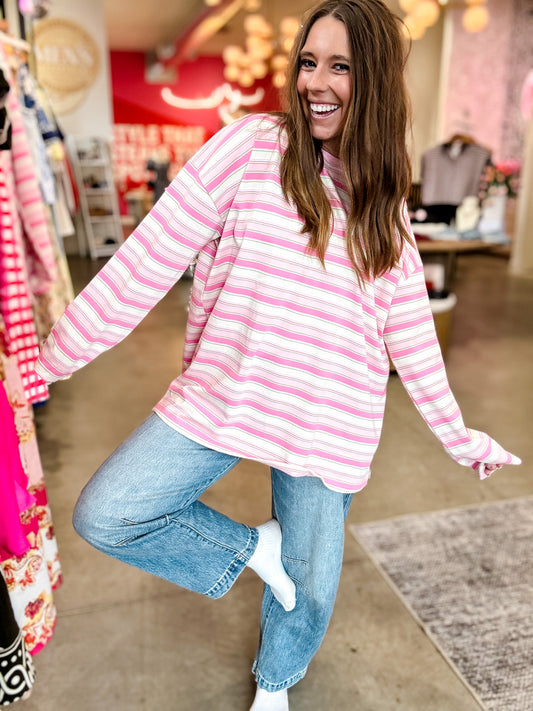 Pink + Multi Stripe Oversized LS Tee