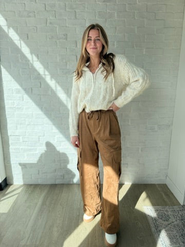 Suede Cargo Drawstring Pants
