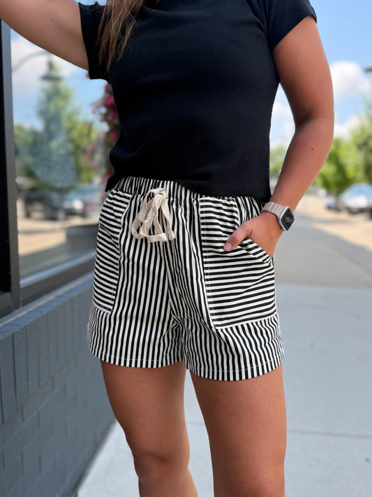 Black + Cream Striped Elastic Shorts