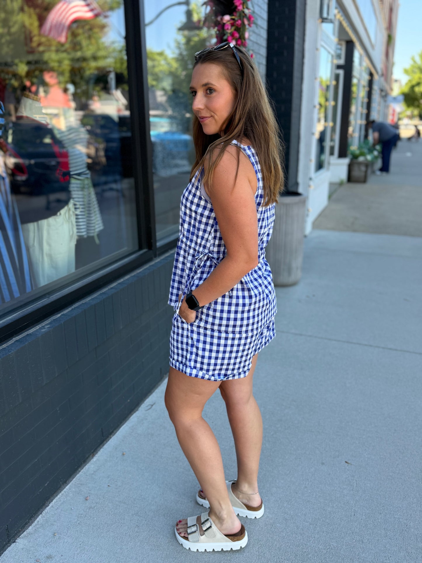Blue + White Gingham Tank + Shorts Set