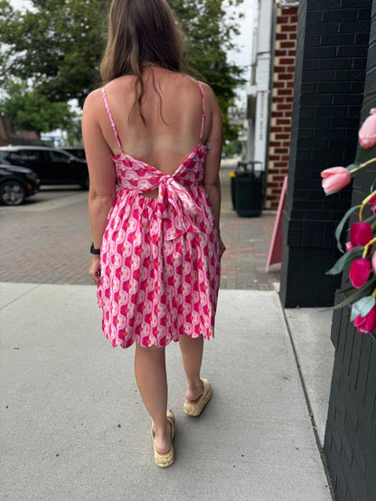 Retro Pink Floral Mini Bow Dress