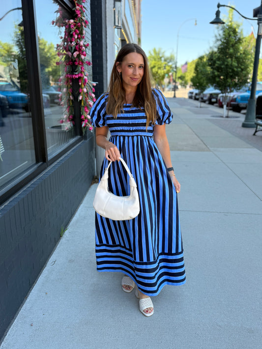 Navy + Blue Puff Sleeve Maxi Dress