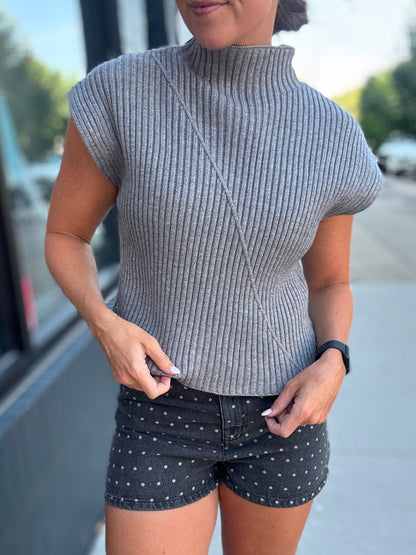 Gray Mock Neck SS Sweater
