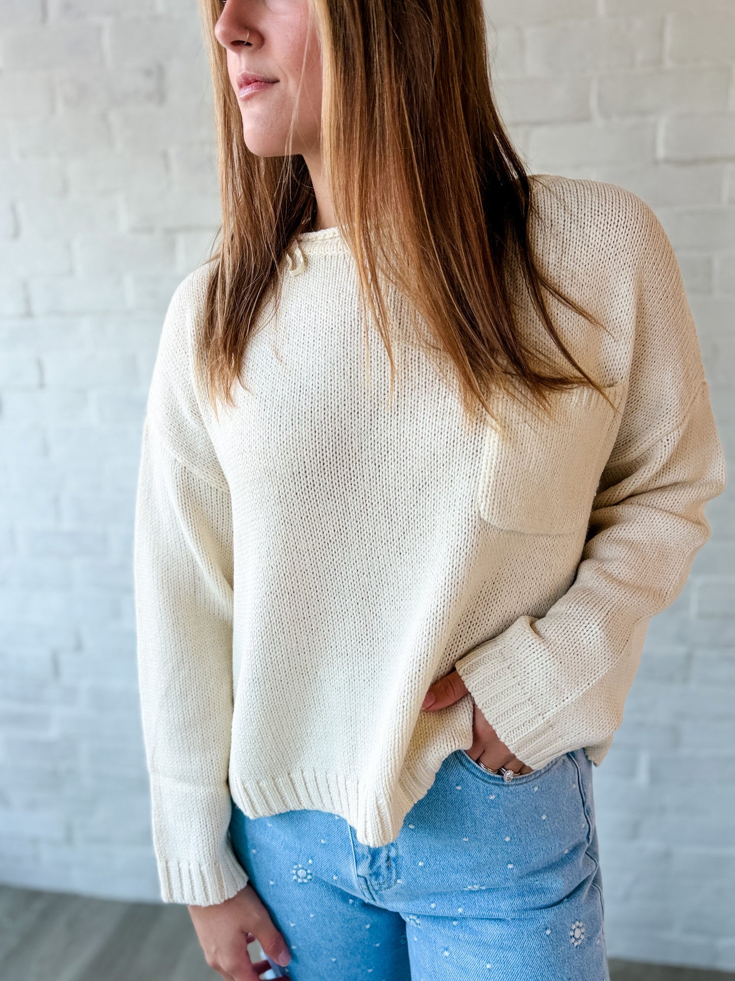 Cream Drop Shoulder Pocket Sweater