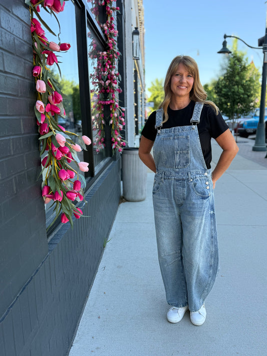 Denim Barrel Leg Overalls