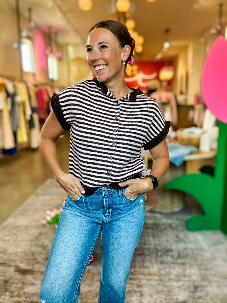 Brown + Blush Stripe SS Button Sweater