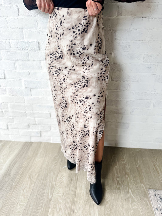 Animal Print Lace Satin Skirt
