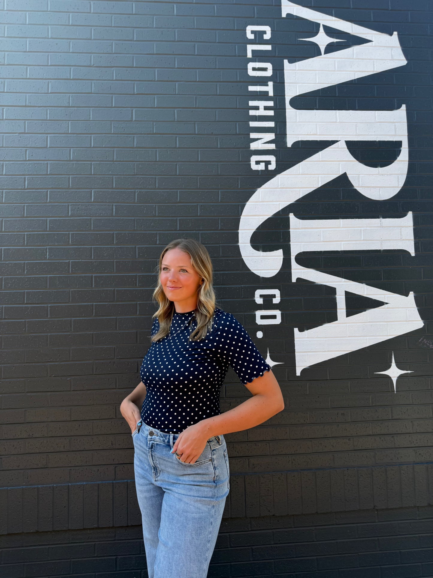 Navy High Neck Polka Dot Blouse