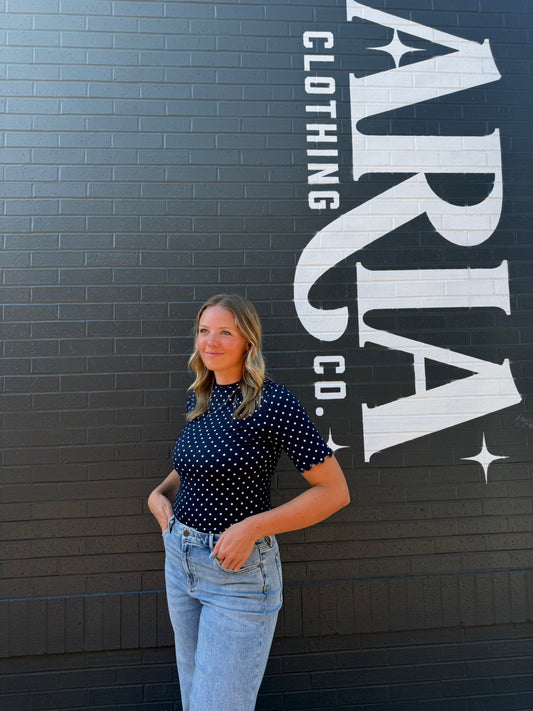 Navy High Neck Polka Dot Blouse