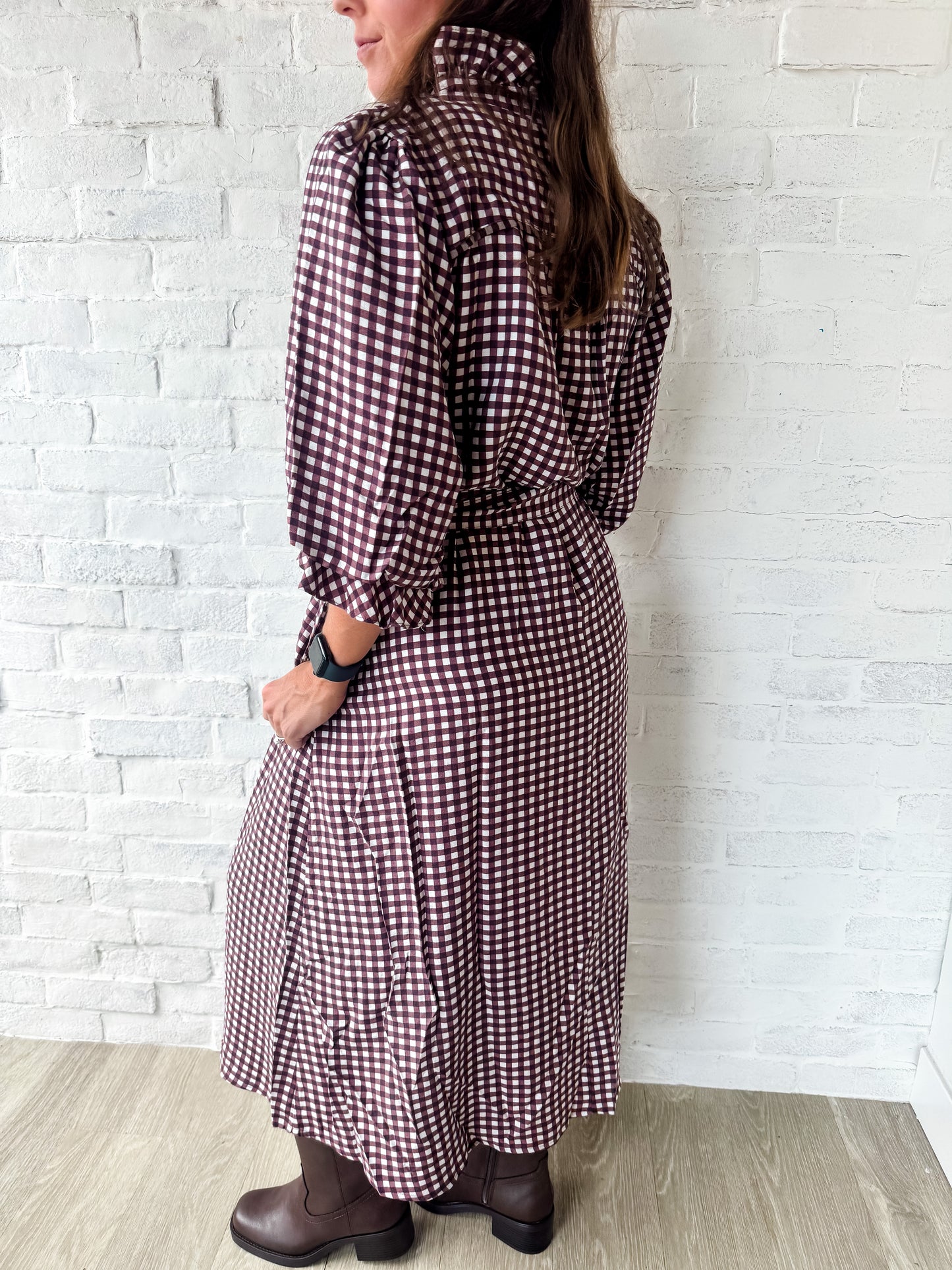 Burgundy Checkered Smocked Midi Dress