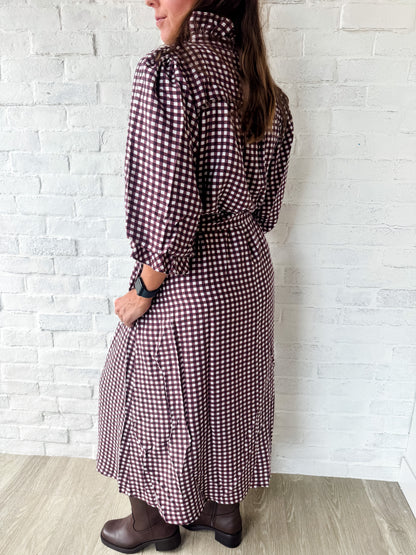 Burgundy Checkered Smocked Midi Dress