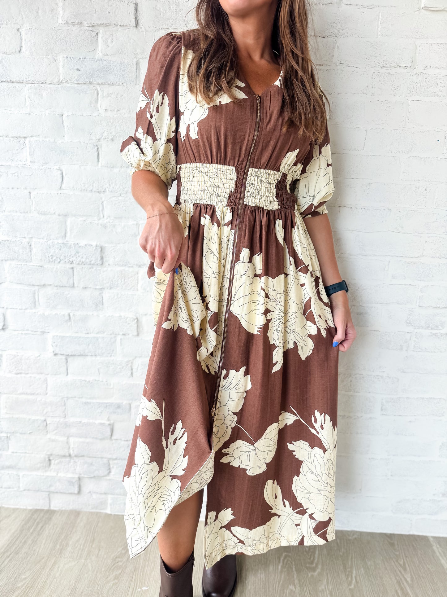 Brown Floral Zip Puff Sleeve Dress