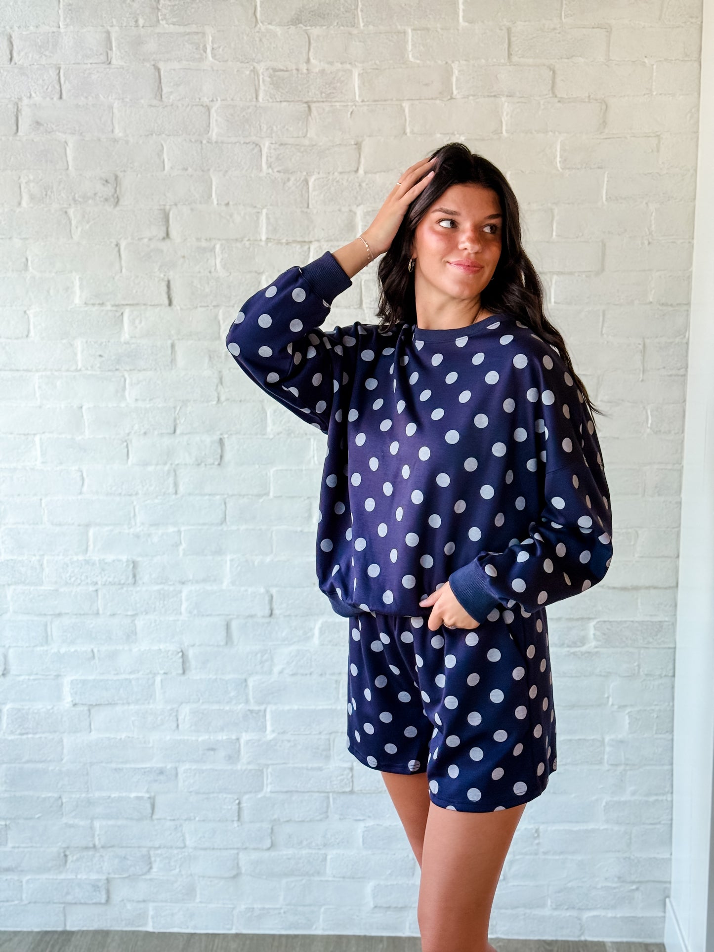 Navy Polka Dot Mock + Shorts Set