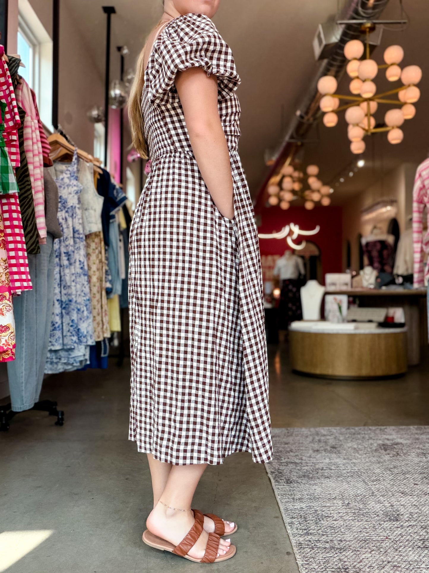 Brown Gingham Puff Sleeve Midi Dress