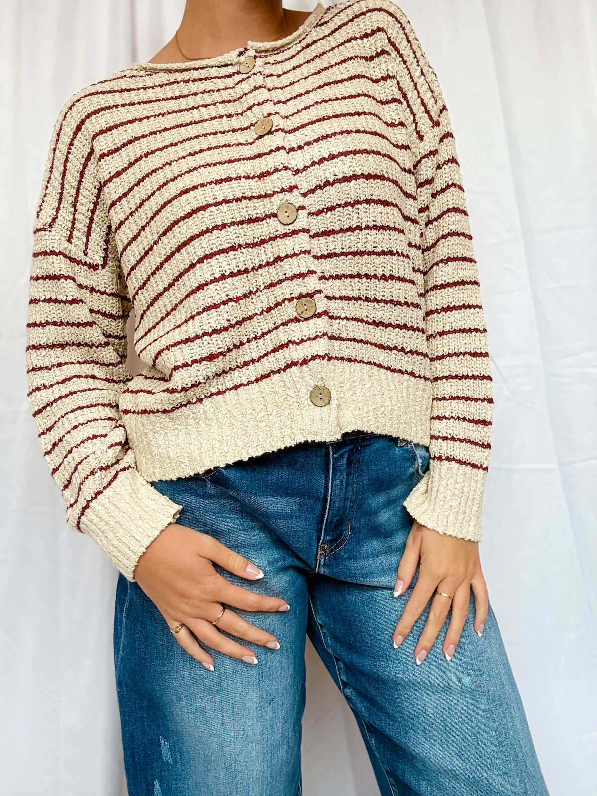 Oatmeal + Red Stripe Button Sweater