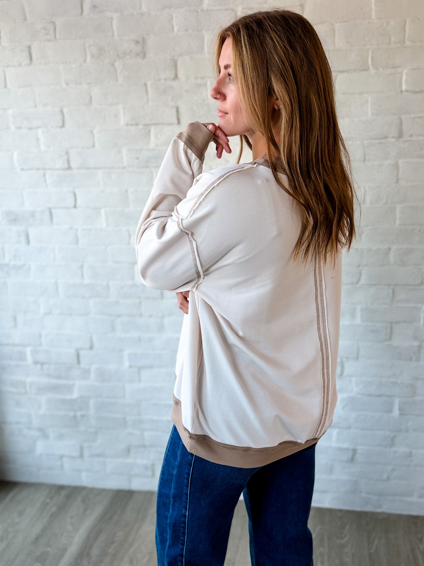 Oatmeal Contrast Exposed Hem Pullover